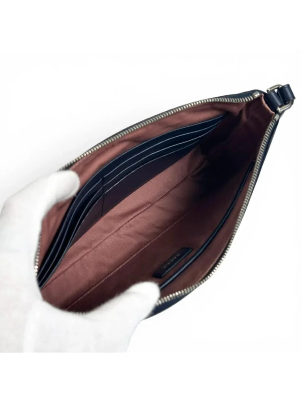 Bvlgari Bally Leddon Logo Leather Clutch Navy Silver